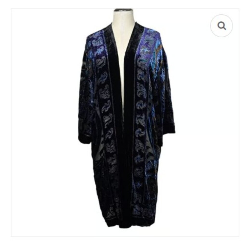 Chico's Black Blue Velvet Burnout Whimsigoth Fairy Witchy Open Kimono S/M | EVC